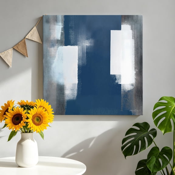 Abstract Vignette Canvas Wall Art, Modern Minimalist Denim Blue White Textured Framed Canvas Wall Decor Picture Print Artwork Decorations for Living Room Office Ready to Hang 8" x 8"