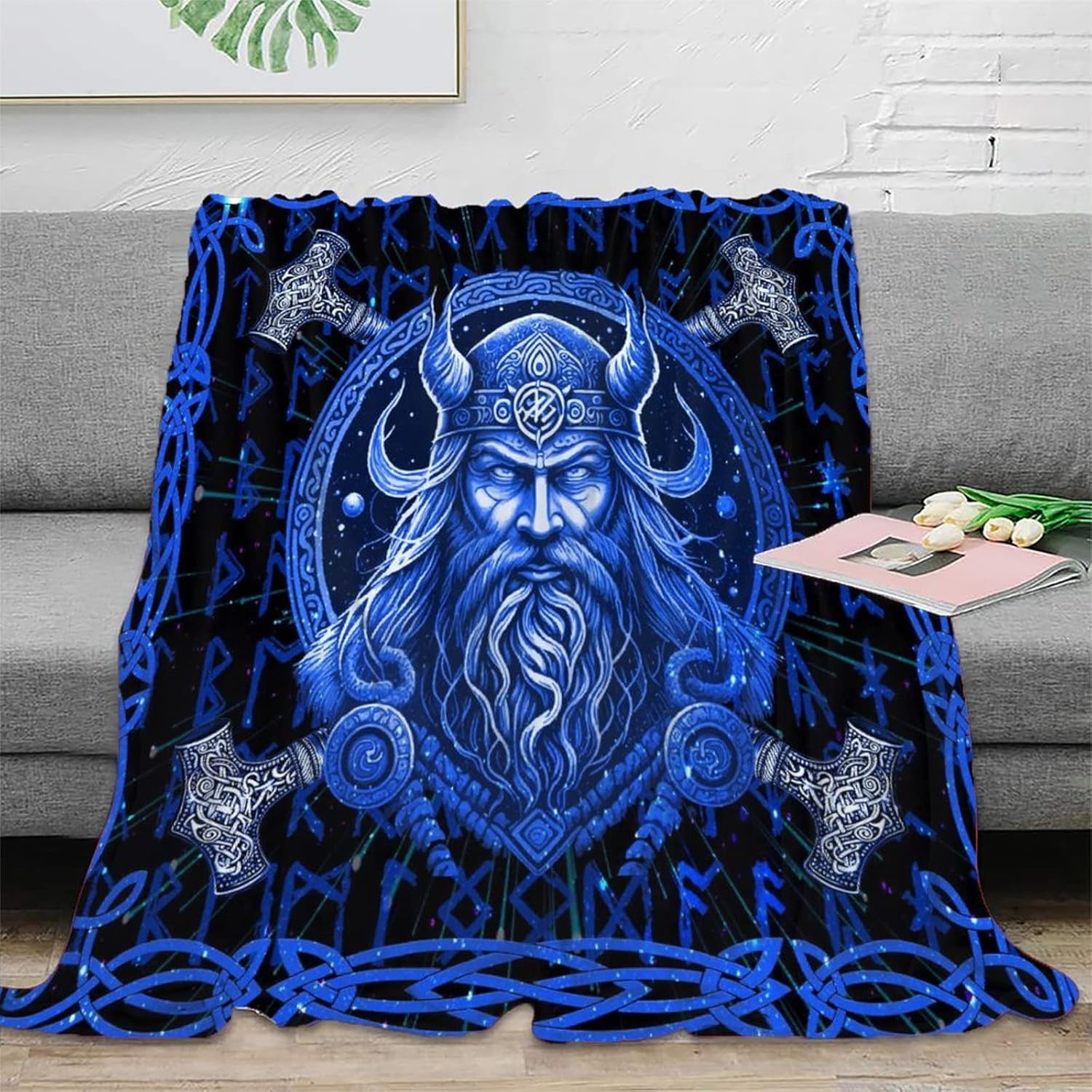 Abstract Viking Theme Throw Blanket for Couch,Fantasy Galaxy Vikings