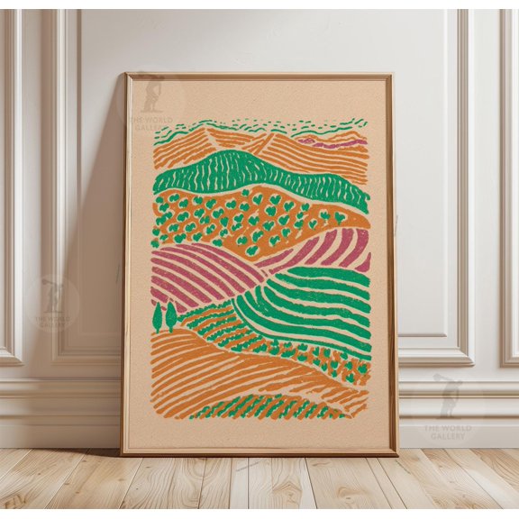 Abstract Vineyard Landscape Print, Aerial Hillside Artwork, Textured Nature Poster, Poster Only