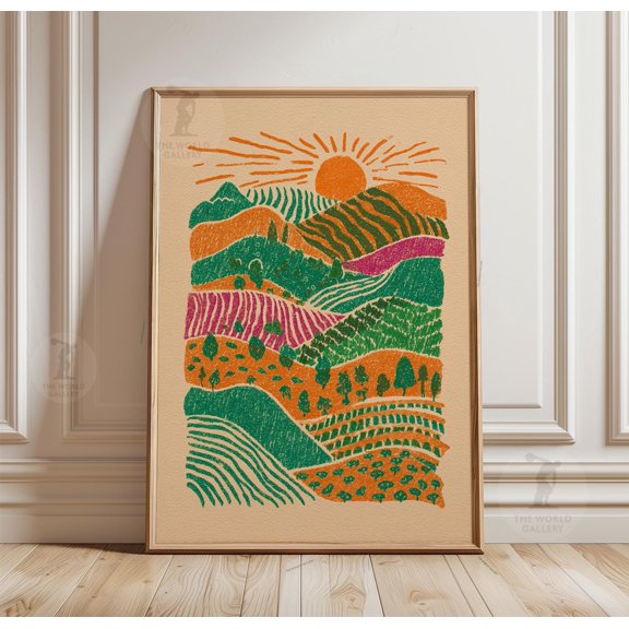 Abstract Vineyard Landscape Print, Aerial Hillside Artwork, Textured Nature Poster, Poster Only