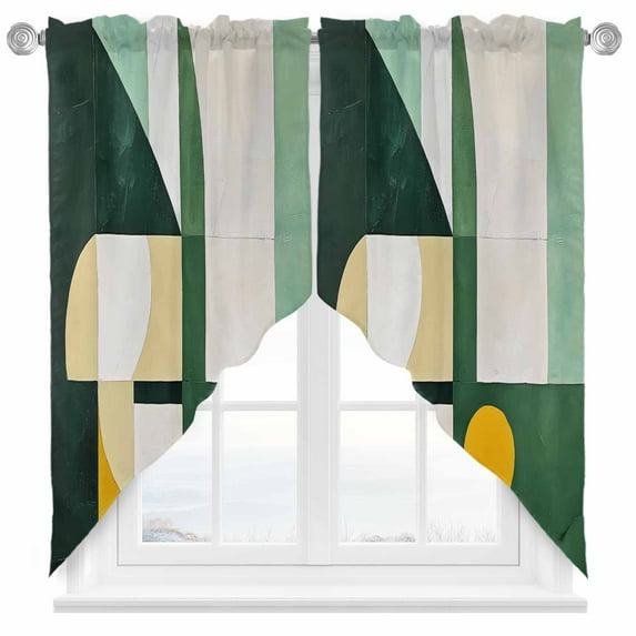 Abstract Vintage Art Swag Curtain Valance for Windows, Watercolor Green Geometric Design Window Treatments Short Swag Topper for Kitchen Windows Bathroom Bedroom, 36"x63"