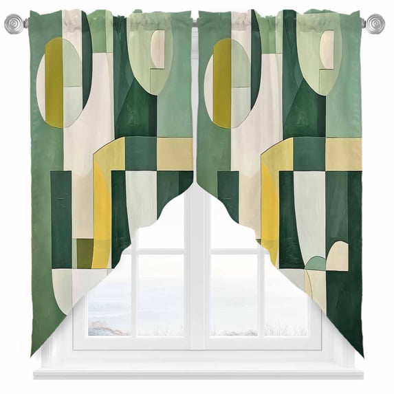Abstract Vintage Art Swag Curtain Valance for Windows, Watercolor Green Geometric Theme Window Treatments Short Swag Topper for Kitchen Windows Bathroom Bedroom, 28"x36"