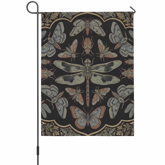Abstract Vintage Floral Dragonfly Garden Flag 12 x 18 Inches, Butterflies Animals Black Weather Proof Outdoor Patio Flags Double Sided Small Garden Decoration for Yard Outside Home