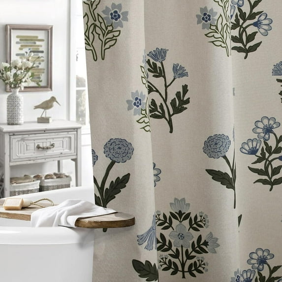 Abstract Vintage Floral Linen Shower Curtain 60x72 inch Traditional Floral Block Print Pattern in Blue and Green, Botanical Boho Shower Curtain Set for Rustic Farmhouse Frenchy Bathroom Decor
