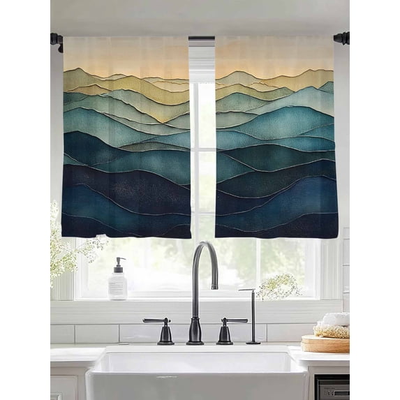 Abstract Vintage Mountain Sheer Curtains 45 Inches Long 2 Panels Green Navy Texture Nature Light Filtering Semi Sheer Window Curtains Drapes for Bedroom Living Room 52"x45"
