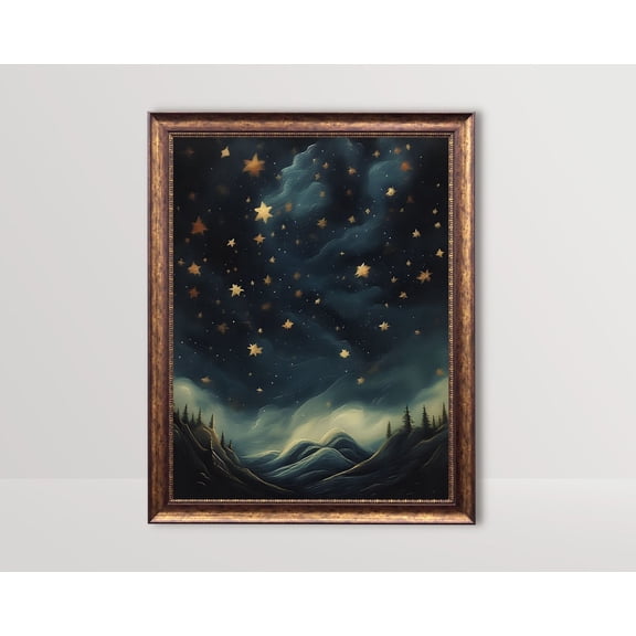 Abstract Vintage Night Sky, Celestial Poster, Gothic Room Decor, Moody Wall Art, Witchy Dark Aesthetic, Clouds Stars, 8x12 UNFRAMED