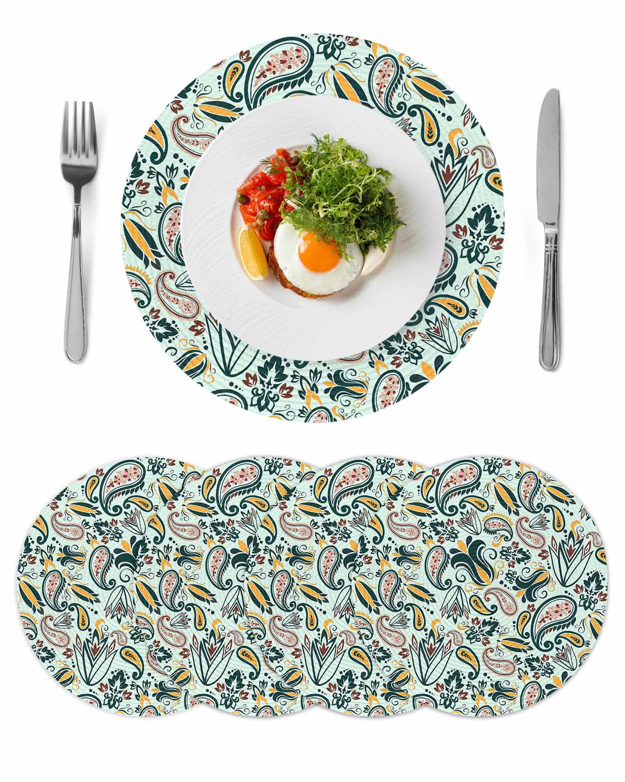 Abstract Vintage Paisley Round Table Placemats set of 4, Boho Floral ...