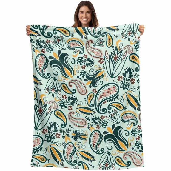 Abstract Vintage Paisley Throw Blankets, Boho Floral Texture Soft Fleece Blanket Decorative for Home Sofa Couch Chair Living Bedroom, 30x40 Inches, Light Green