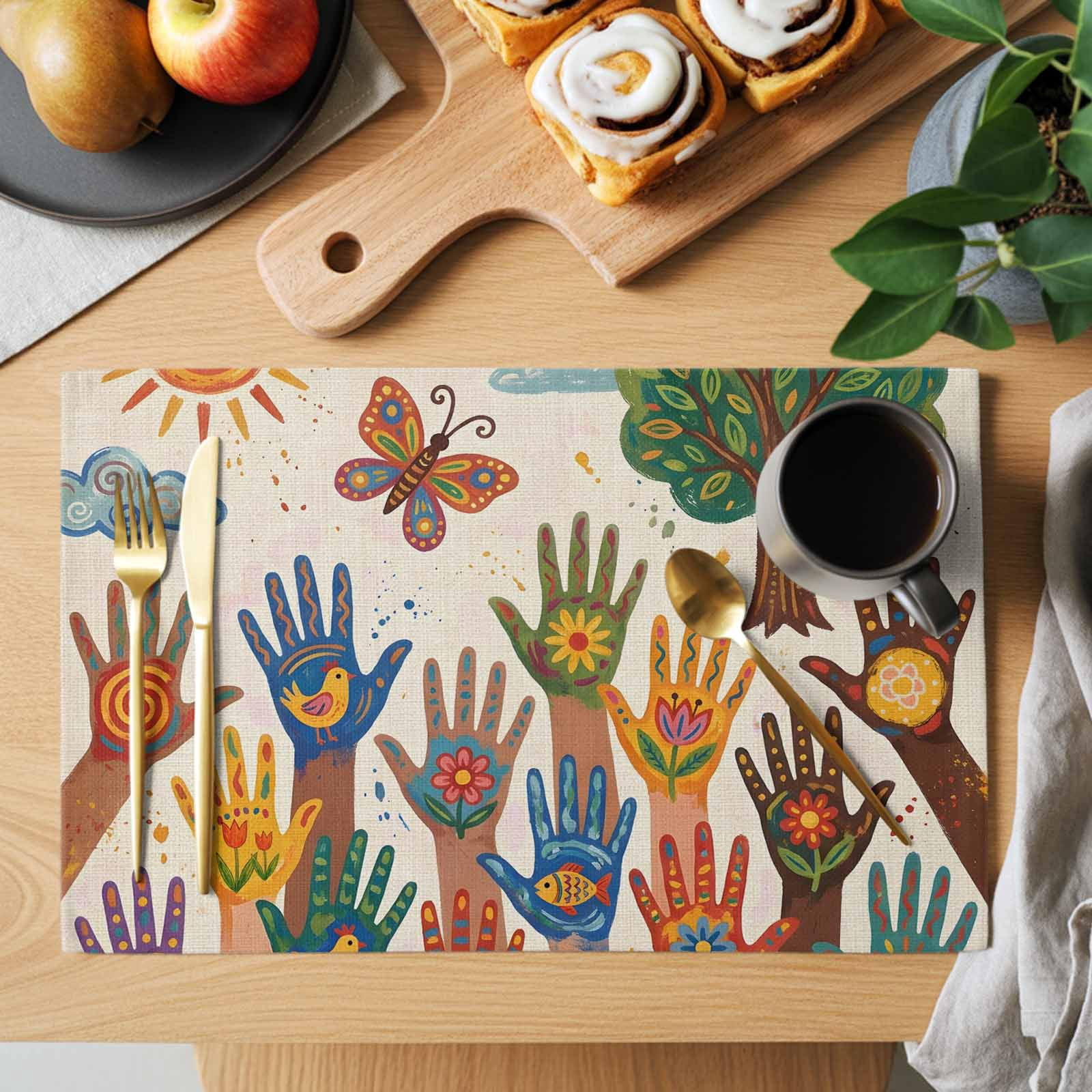 Abstract Vintage Placemats Set of 4, Green Tree Flower Hand Painting ...