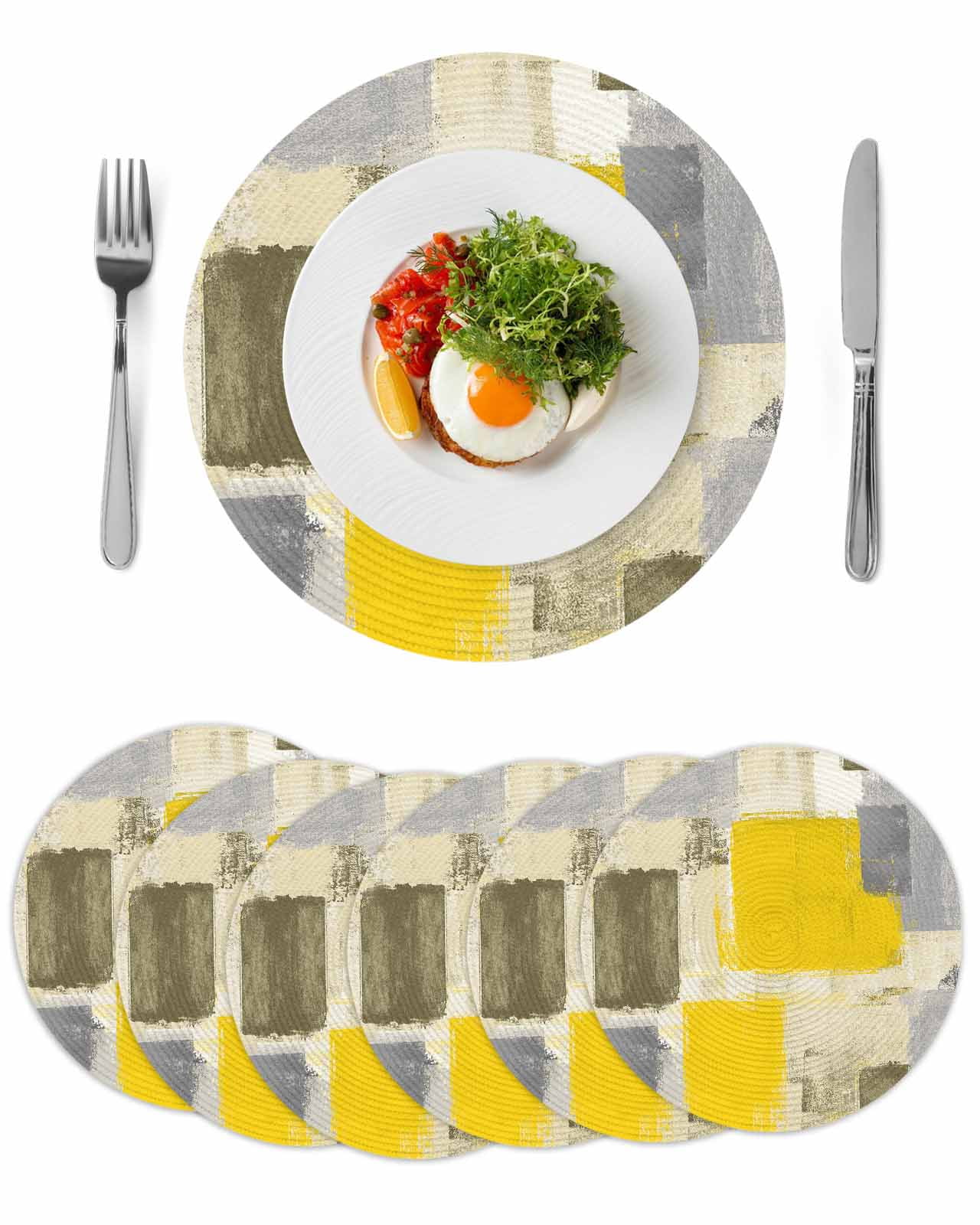 Abstract Vintage Round Table Placemats set of 6, Art Oil Painting Texture Washable Woven Place Mats for Dining Tables Kitchen Party Decor,Heat Proof, 13in, Yellow