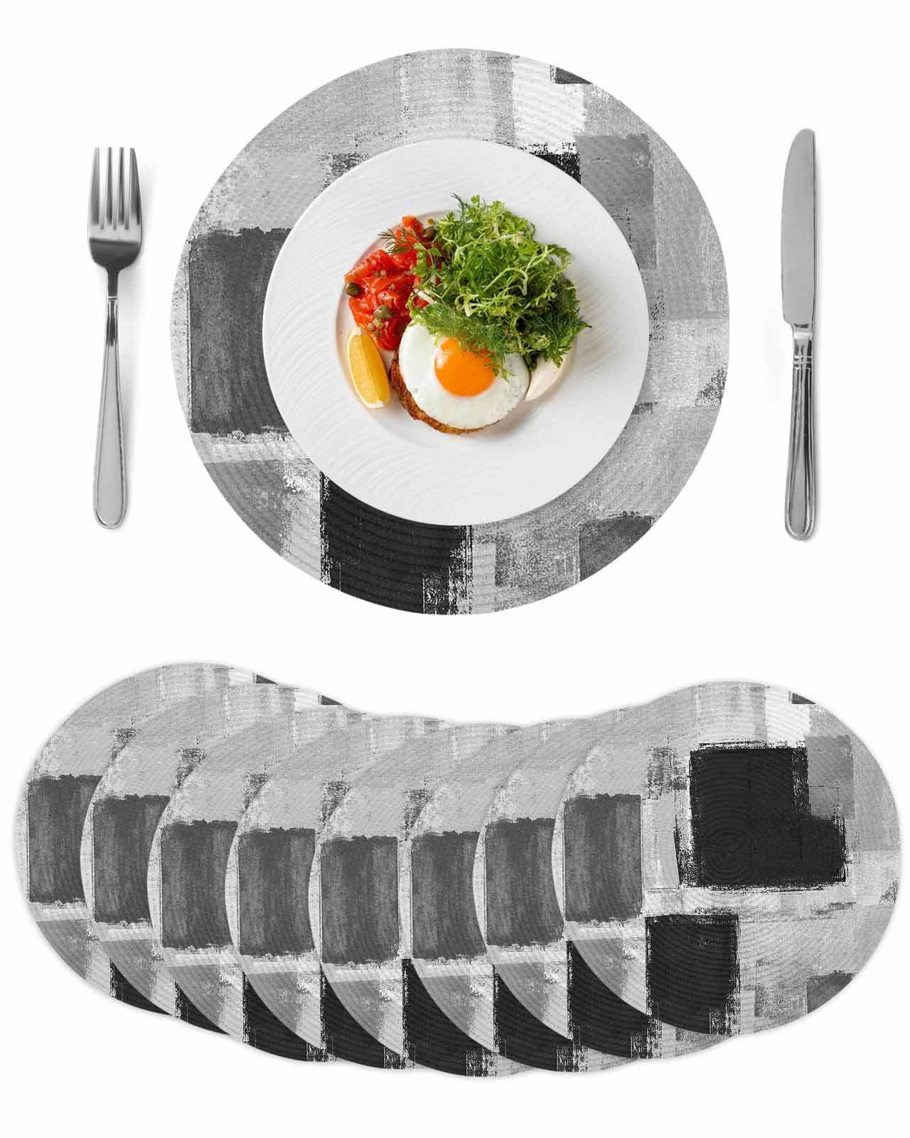 Abstract Vintage Round Table Placemats set of 8, Art Oil Painting Texture Washable Woven Place Mats for Dining Tables Kitchen Party Decor,Heat Proof, 15in, Black Gray