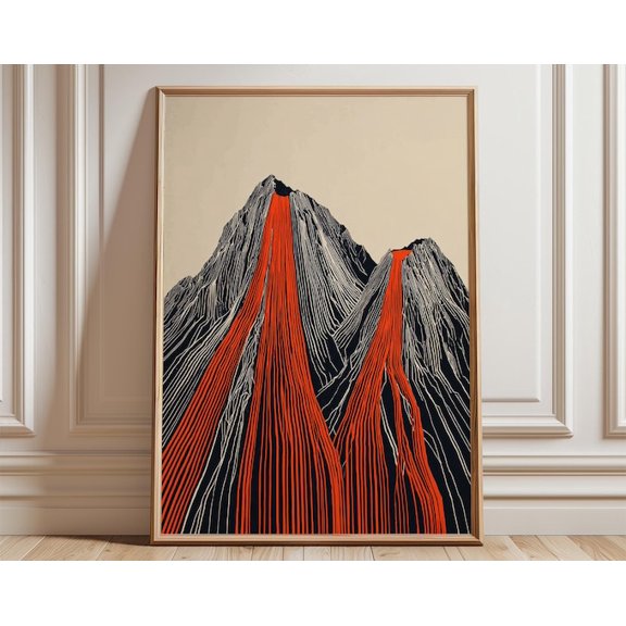 Abstract Volcano Mountain Black Red Minimal Landscape Wall Art Print, Unframed Paper Poster 8x10in