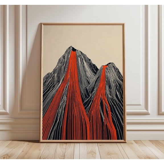 Abstract Volcano Mountain Modern Black Red Minimalist Landscape Unframed Paper Print