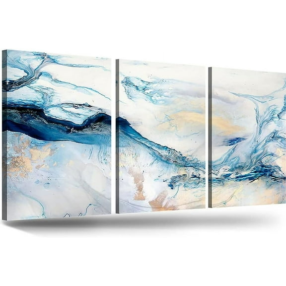 Abstract Wall Art Bedroom Wall Decor Living Room Coastal Beach Theme Ocean Navy Blue Art Paintings, Blue Decor for Bathroom Lake house, Inspirational Wall Art 3 Piece Set