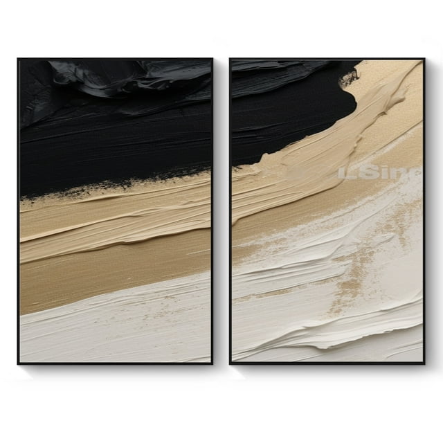 Minimal Abstract Oil Painting with Black Lines on Beige Canvas Contemporary 3D Textured Wall Art,Unframed,2Pcs 40x54inch