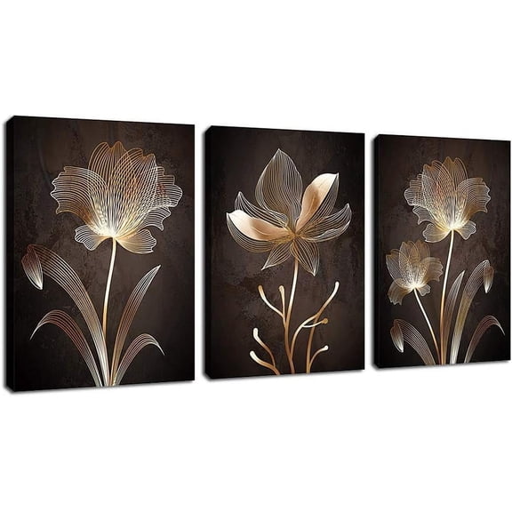 Abstract Wall Art Brown Flowers Canvas Pictures Contemporary Minimalism Abstract Flower Artwork for Bedroom Bathroom Living Room Wall Decor 12" x 16" x 3 Pieces