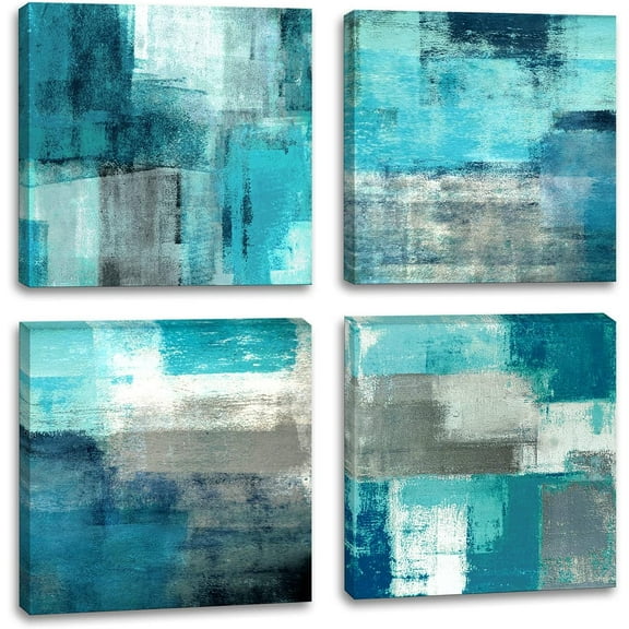 Abstract Wall Art Canvas Turquoise and Grey Abstract Art Painting Canvas Artwork Contemporary Wall Art for Bathroom Bedroom Living Room Kitchen Wall Decor 12" x 12" x 4 Pieces Canvas Prints