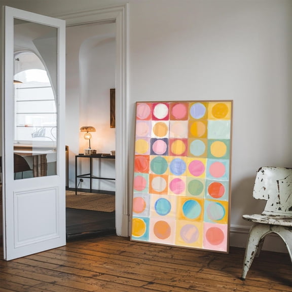 Abstract Wall Art Color Block Pastel Circle Grid Modern Geometry Decor, Stretched Canvas 12x16in