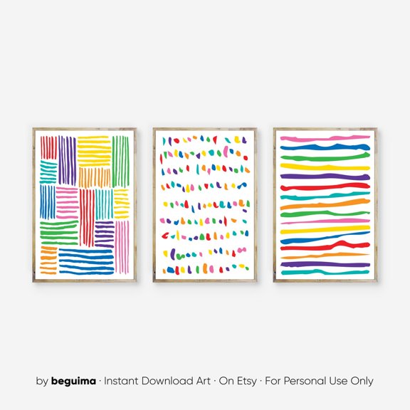 Abstract Wall Art Colorful Art Modern Art Rainbow Colors Triptych Set 3 Stretched Canvas 8x12