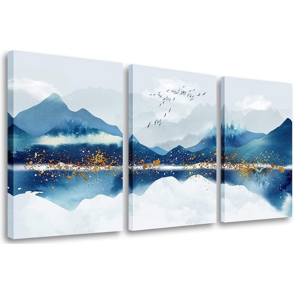Abstract Wall Art for Living Room-Navy Blue Abstract Mountains Canvas Wall Art-Watercolor Landscape Canvas Print Picture-Framed Artwork Painting for Bedroom Bathroom Home Wall Decor,3 Panels