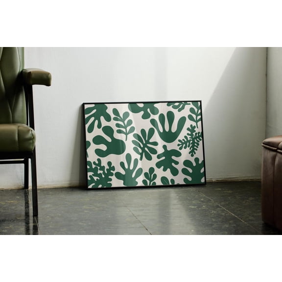 Abstract Wall Art Maximalist Decor, Horizontal Poster Green Floral Shapes Poster, Retro Leaf Print, Moody Abstract Botanical Print Wall Art, Modern Wall Decor, 12x18 UNFRAMED