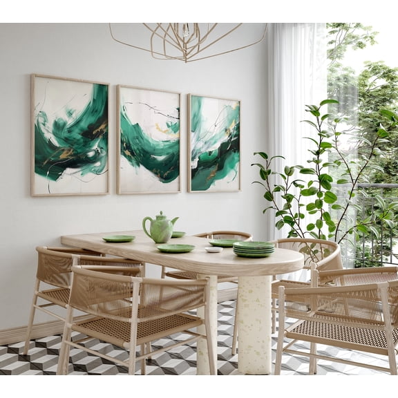 Abstract Wall Art Modern Emerald Green Gold Gallery Art Minimalist Living Room Decor Set 3 Unframed Paper Print 8x12