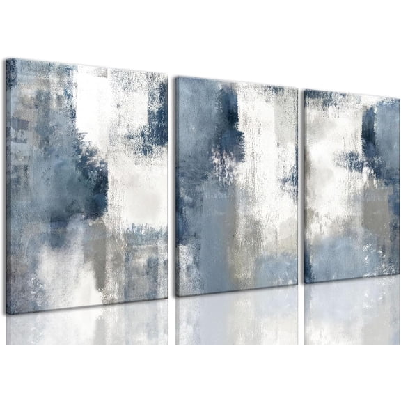 Abstract Wall Art Navy Blue Gray Canvas Large Framed Set of 3 Modern Minimalist Neutral Color Block Shape Artwork Blue Printing Pictures Wall Decor for Living Room Bedroom Office-12x16in