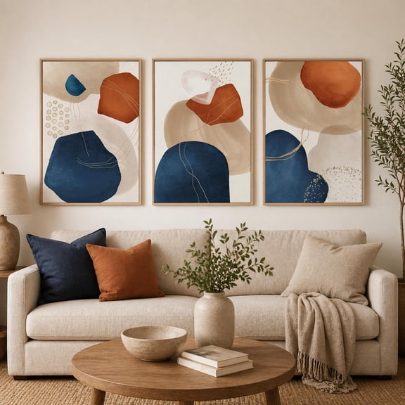 Abstract Wall Art Navy Rust Beige Prints, Modern Minimalist Gallery Wall, Boho Contemporary Neutral Decor, Poster Only