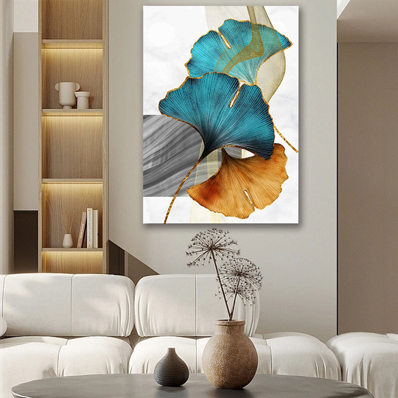 Abstract Wall Art Painting Blue Green Yellow Gold Leaf Canvas Print