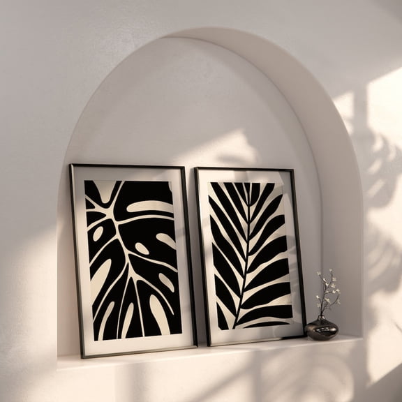 Abstract Wall Art Print Set of 2, Botanical Leaf Wall Art, Black White Modern Art, Art For Living Room, , Boho Leaf Print Set