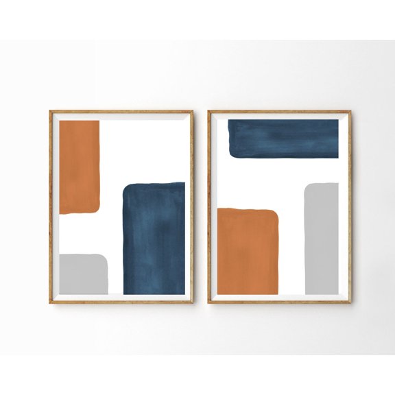 Abstract Wall Art Prints Mid Century Modern Shapes Rust Blue Grey Art Set 2 Stretched Canvas 8x12