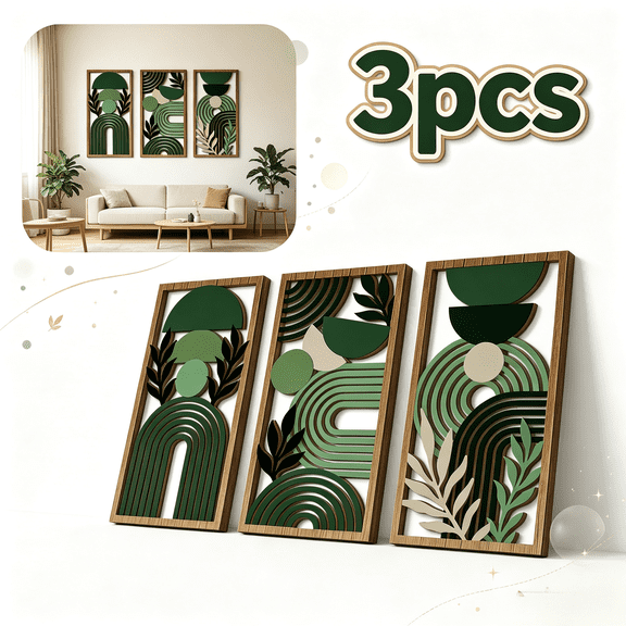 Abstract Wooden Wall Art Set of 3, Geometric Botanical Minimalist, Modern Hanging Wall Decor for Living Room, Bedroom, Office
