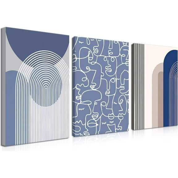 Abstract Wall Art Set of 3 - Modern Navy Blue Wall Decor Neutral Boho Lines Canvas Artwork Posters Prints d 12×16 Inch for Living Room Bedroom Office Home Decoration