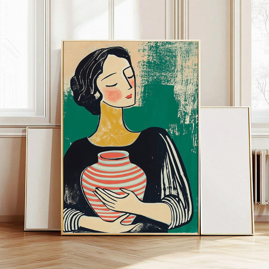 Abstract Wall Art, Woman Portrait Art Print, Stripe Motive Contemporary ...