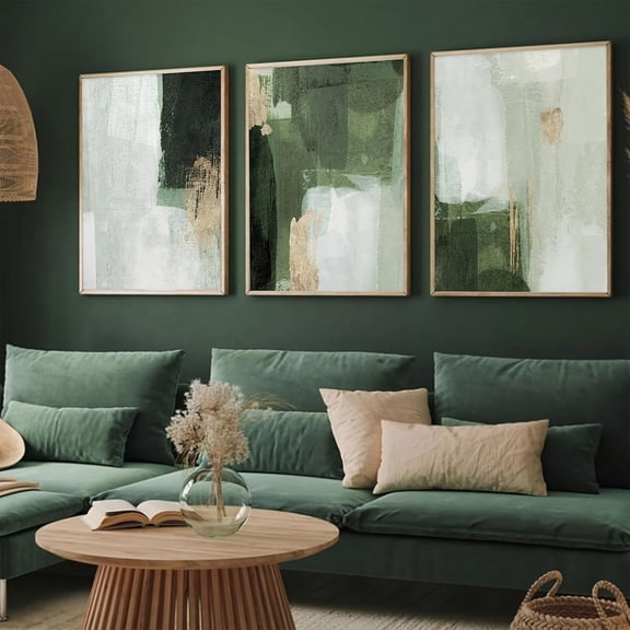 Abstract Wall Art in Green And Golden, Featuring a Triptych of Modern Geometric Designs, Showcasing Unframed Contemporary Green Abstract Art.