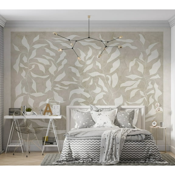 Abstract Wallpaper Wall Mural - White Leaves on Beige Background