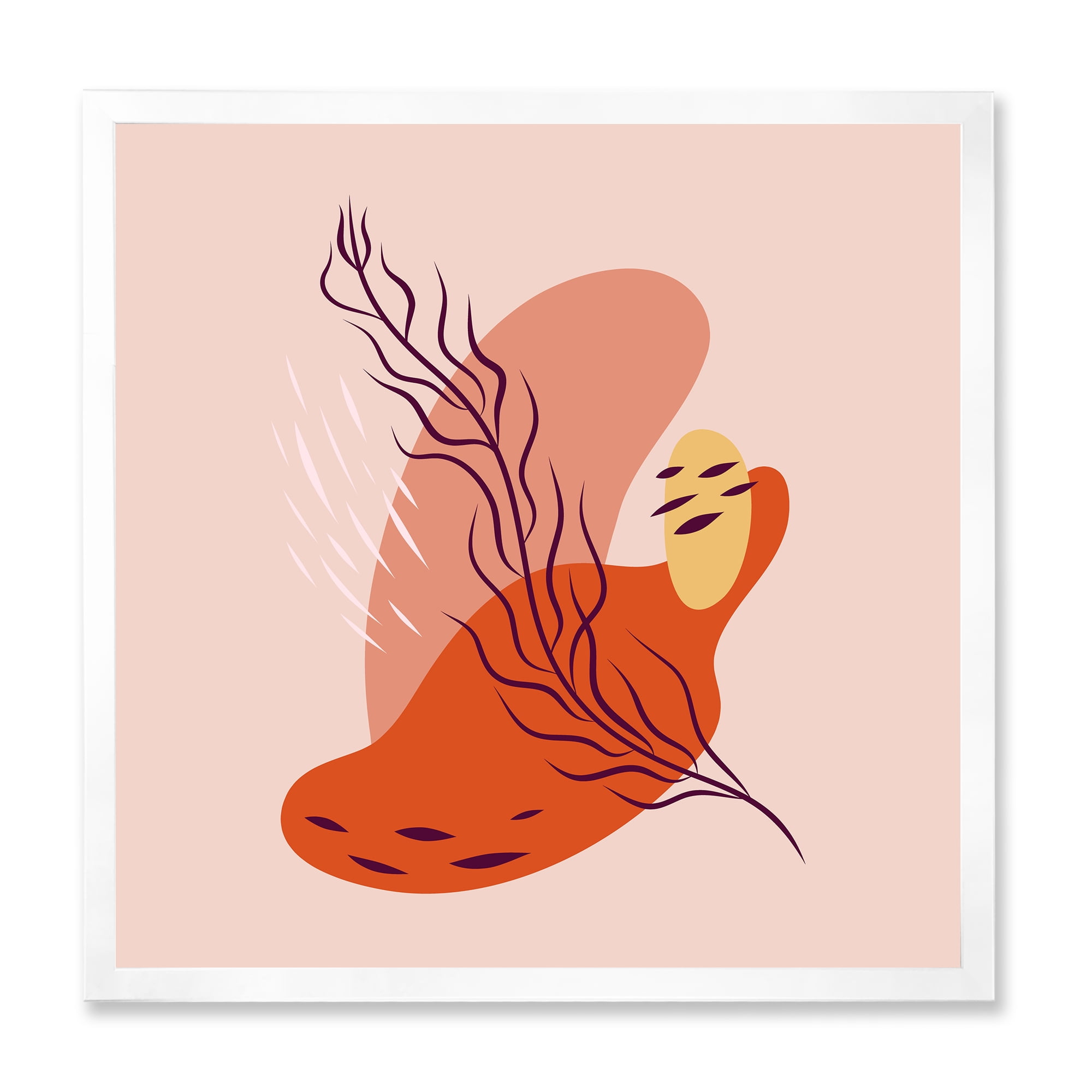 Abstract Warm Colors Spring Leaf 36 in x 36 in Framed Painting Canvas Art Print, by Designart
