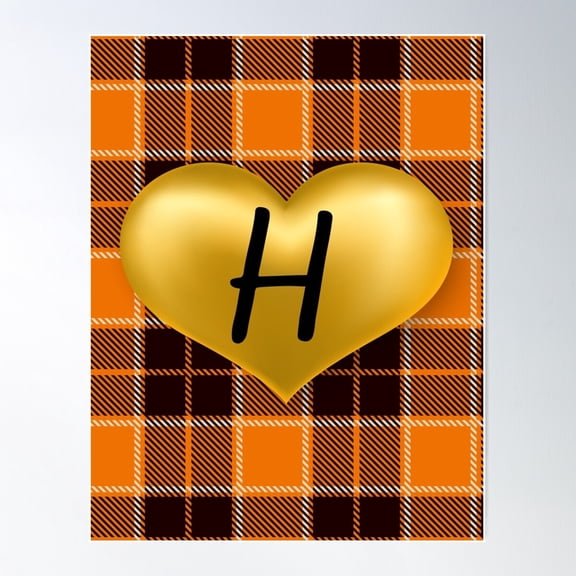 Abstract Warm Plaid-Puff Gold Heart With Initial-H Poster Wall Art, Modern Wall Decor For Living Room Bedroom, 8x12 UNFRAMED