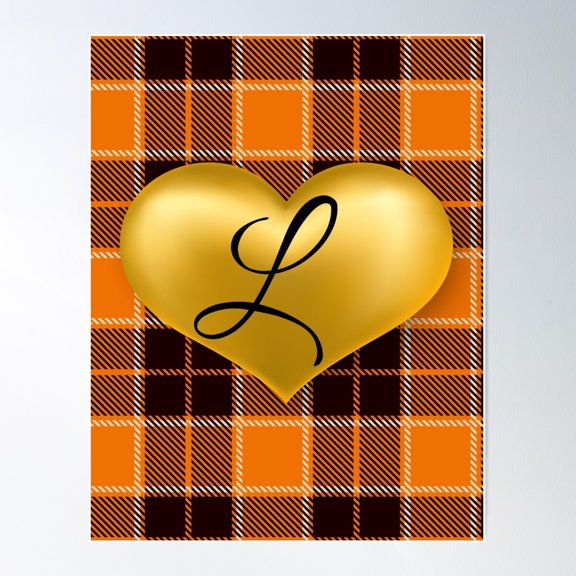 Abstract Warm Plaid-Puff Gold Heart With Initial-L Poster Wall Art, Modern Wall Decor For Living Room Bedroom, 16x24 UNFRAMED
