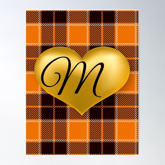 Abstract Warm Plaid-Puff Gold Heart With Initial-M Poster Wall Art, Modern Wall Decor For Living Room Bedroom, 16x24 UNFRAMED
