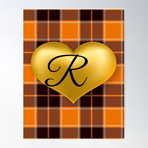 Abstract Warm Plaid-Puff Gold Heart With Initial-R Poster Wall Art, Modern Wall Decor For Living Room Bedroom, 8x12 UNFRAMED