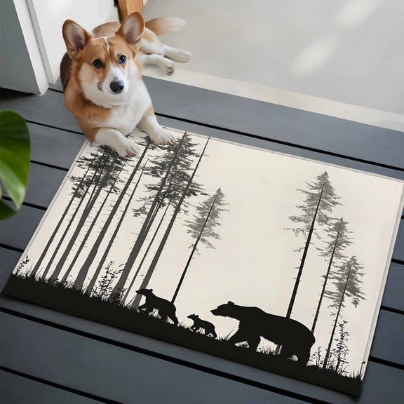 Abstract Washable Area Rug 2x3 Forest Walking Bear Family Pine Tree Silhouette Low-Profile Area Rugs with Non Slip Backing Indoor Floor Carpet for Entrance Living Room Bedroom Home Office