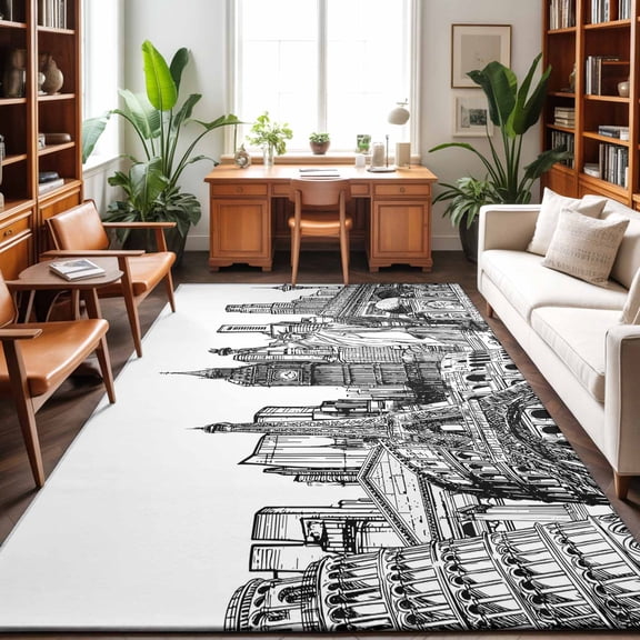 Abstract Washable Area Rug 9 x 12 ft Black and White Global Landmarks Modern Collage Art, Soft Non Slip Rugs Stain Repellent Indoor Felt Carpet for Living Dining Room Bedroom Home Office