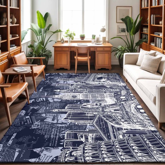 Abstract Washable Area Rug 9 x 12 ft Navy Blue and White Global Landmarks Collage Art, Soft Non Slip Rugs Stain Repellent Indoor Felt Carpet for Living Dining Room Bedroom Home Office