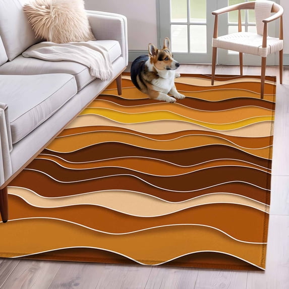 Abstract Washable Area Rugs 3'x5', Orange Gradient Waves Beach Lines Low Pile Throw Living Room Rug Non-Slip Sturdy Edge Binding Carpet for Indoor Entryway Bedside Kitchen