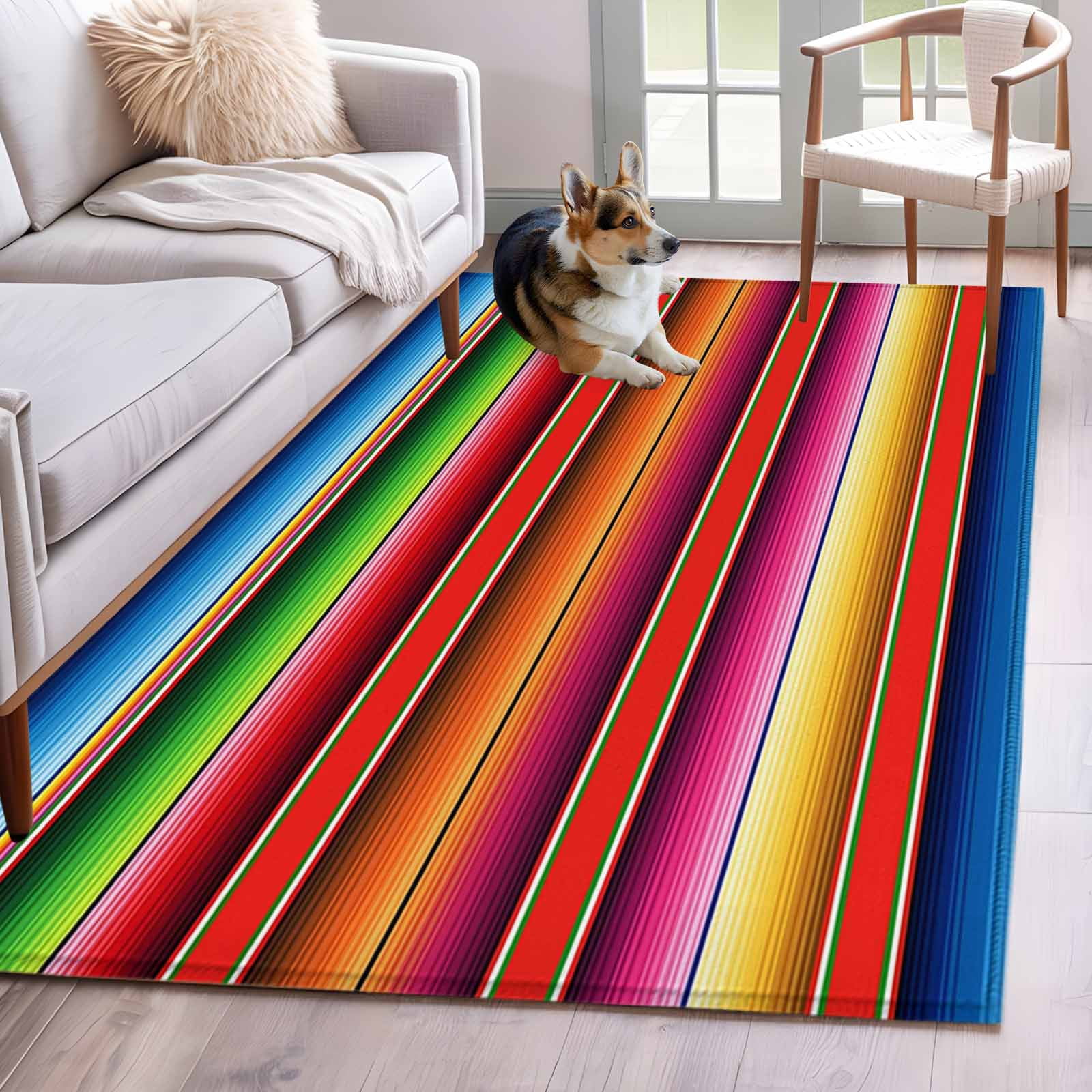 Abstract Washable Area Rugs 4'x6', Colorful Mexican Stripe Pattern Red ...