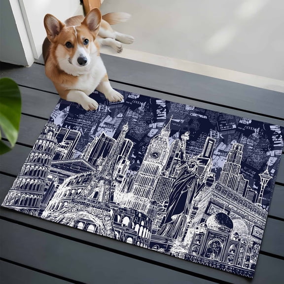Abstract Washable Entry Rug 2x3 Navy Blue and White Global Landmarks Collage Art Low Pile Indoor Door Mat with Rubber Backing Thin Area Rug for for Entrance, Bedroom, Kitchen, Laundry, Bathroom