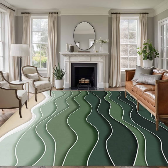 Abstract Washable Living Room Rugs 5'x8', Sage Green Brown Gradient Ocean Waves Low Pile Throw Large Area Rug Non-Slip Sturdy Edge Binding Carpet for Living Room Kitchen Office