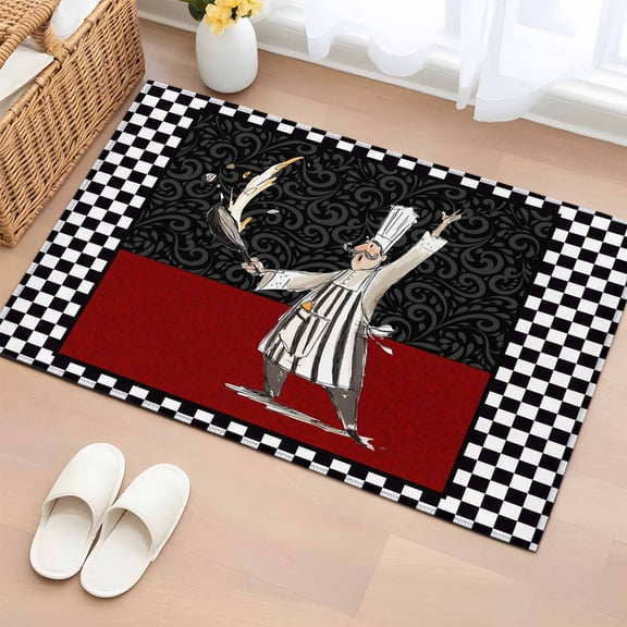 Abstract Washable Small Entryway Area Rugs 2'x3', Cartoon Style Chef White Black Checkered Border Low Pile Throw Rug Non-Slip Sturdy Edge Binding Carpet for Front Door Floor Room Entry
