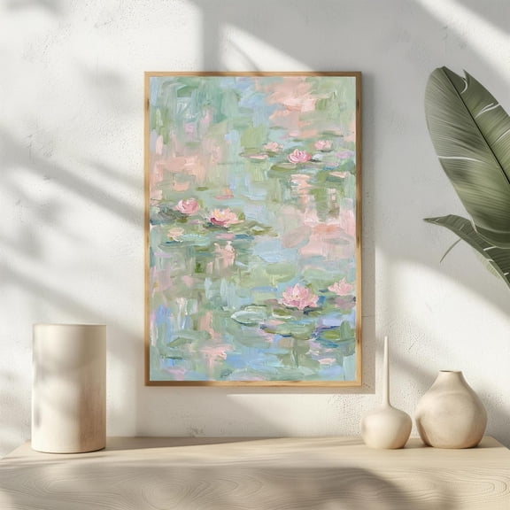 Abstract Water Lily Pond Sage Green And Pink Art Textured Impasto Modern Floral Pastel Nursery Decor, Unframed Poster